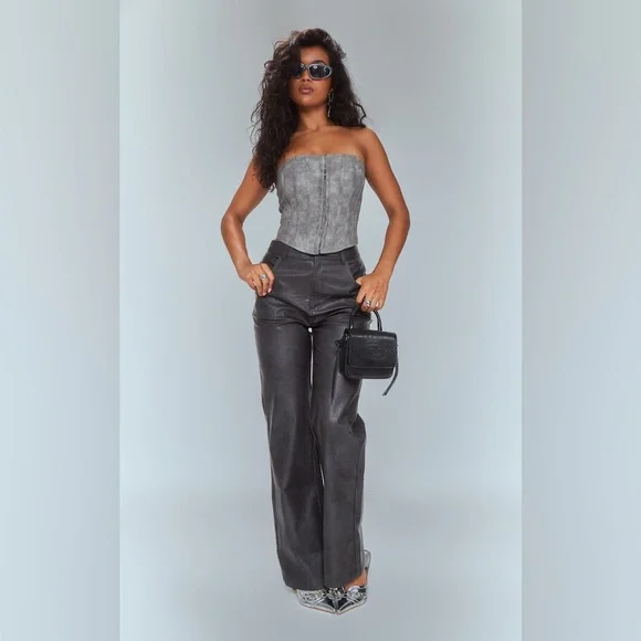 Pretty Little Thing Washed Black Faux Leather Straight Leg Trousers US 10 New - Picture 4 of 11